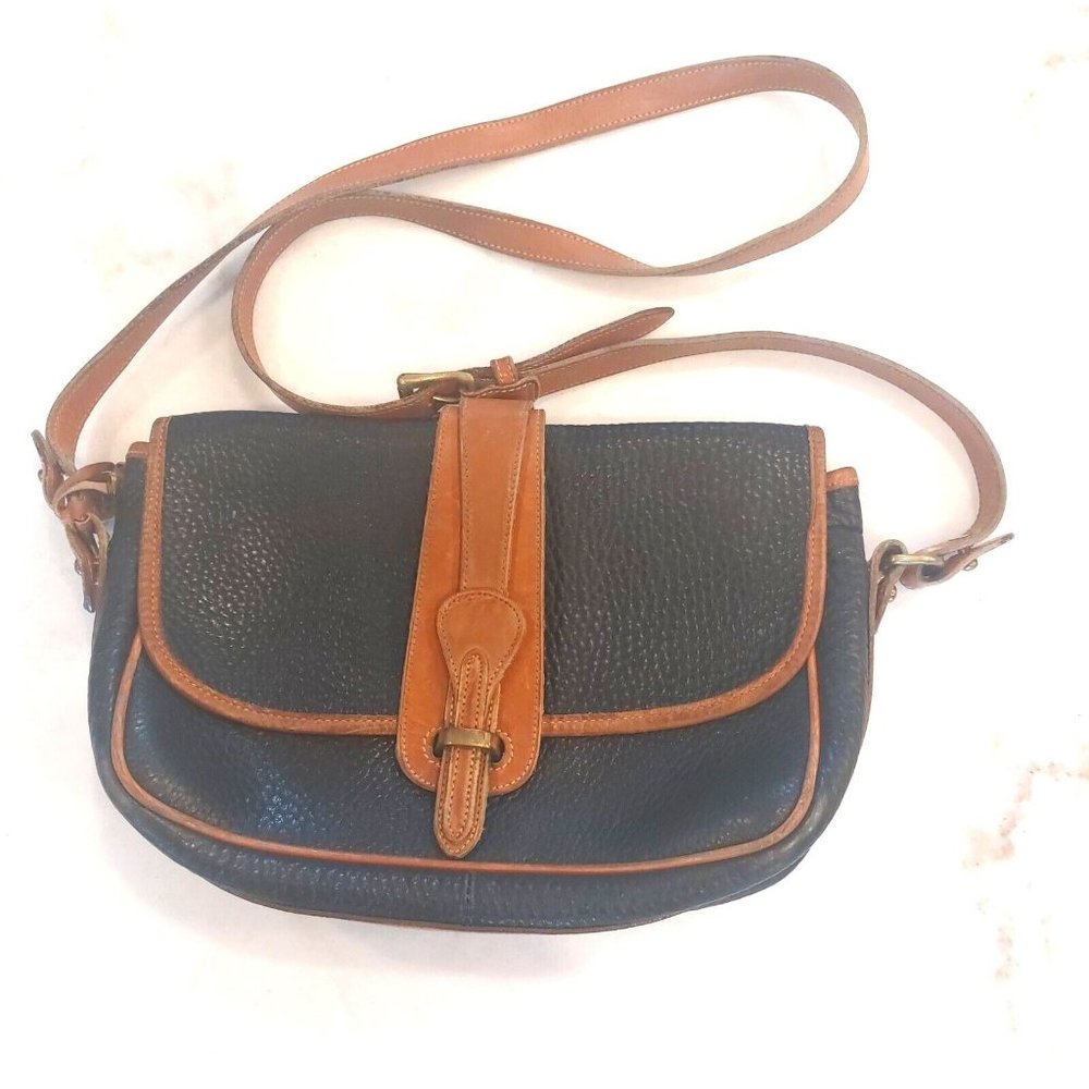 Dooney & Bourke Vintage Crossbody Black Tan Pebbled Leather Purse Handbag 12"x8"